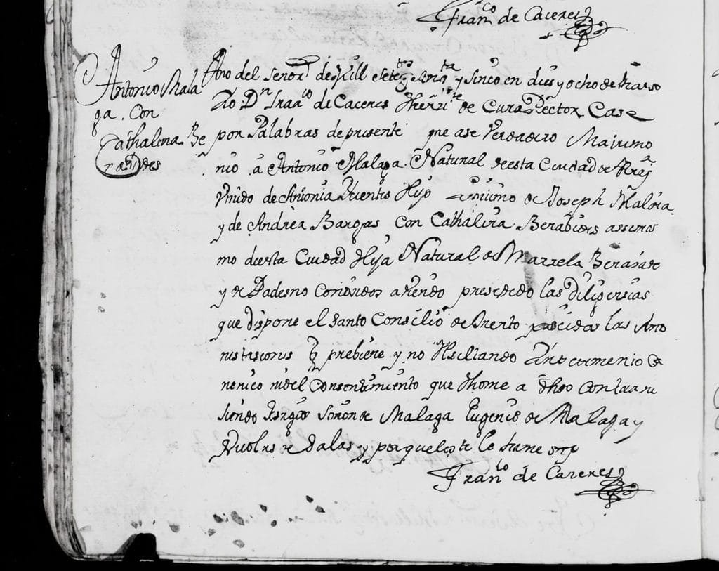 Partida matrimonial de Antonio Málaga y Catalina Benavides, Catedral de Arequipa, 18 de marzo de 1755. Partida matrimonial de Antonio Málaga y Catalina Benavides de 1755 en la Catedral de Arequipa